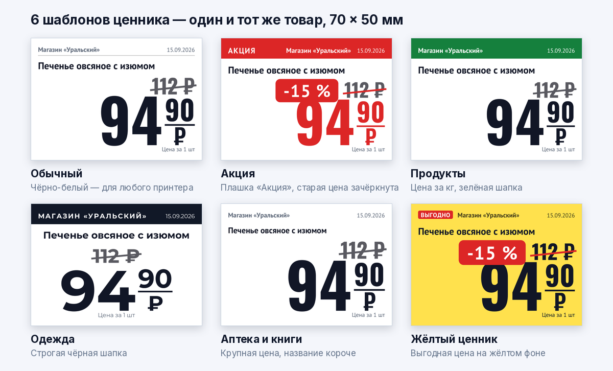 Шесть шаблонов ценника на одном товаре: обычный, акция, продукты, одежда, аптека и книги, жёлтый ценник