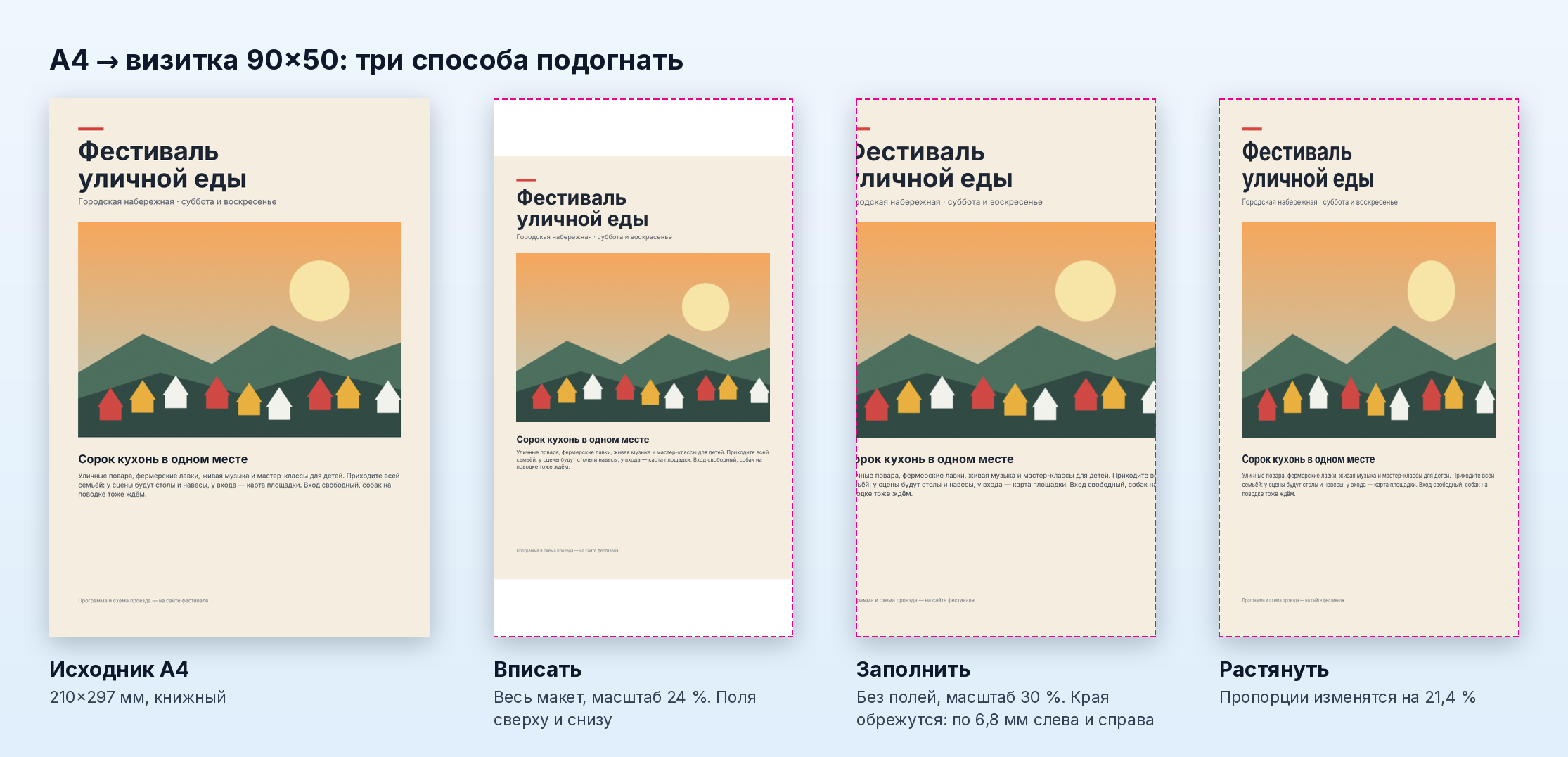 Макет А4 в формате визитки: вписать, заполнить и растянуть