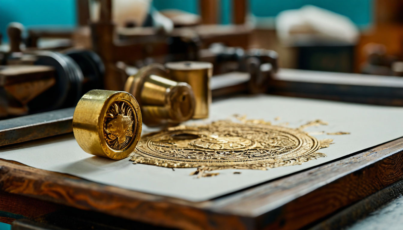 Close-up of brass stamp and paper sheet with embossed relief on printing press t