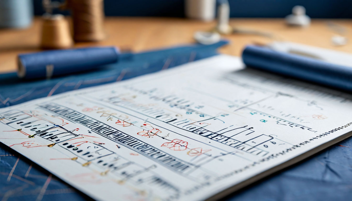 close-up of paper sewing pattern with measurement marks on table