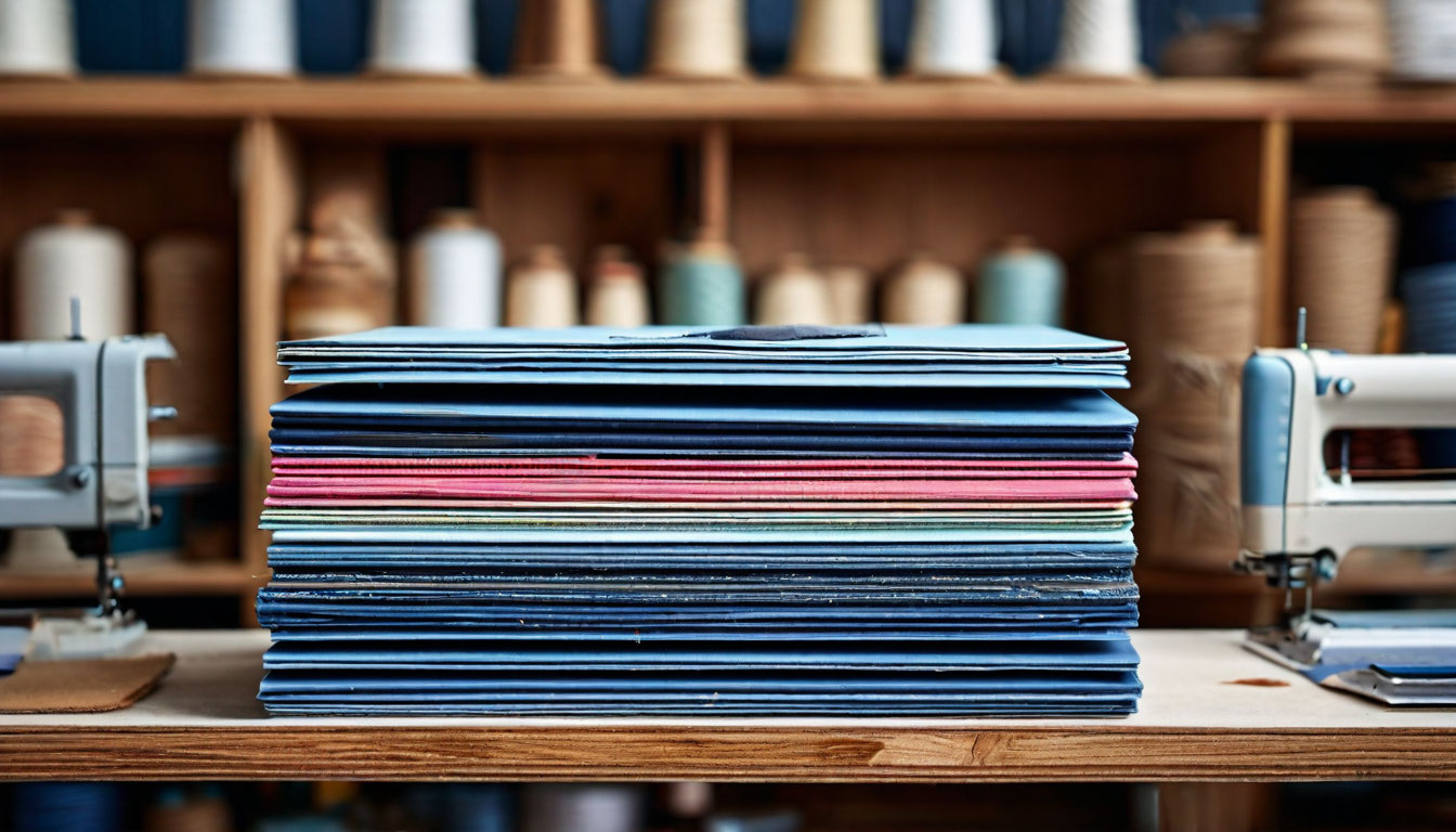stack of durable cardboard sewing patterns on workshop shelf