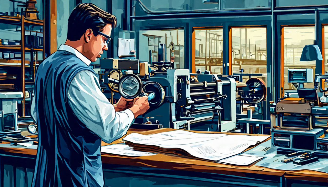 printing press operator inspecting a paper sheet with magnifying glass