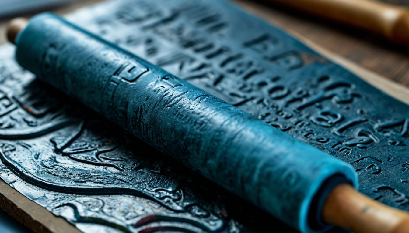 close up of printing plate with raised letters and ink roller