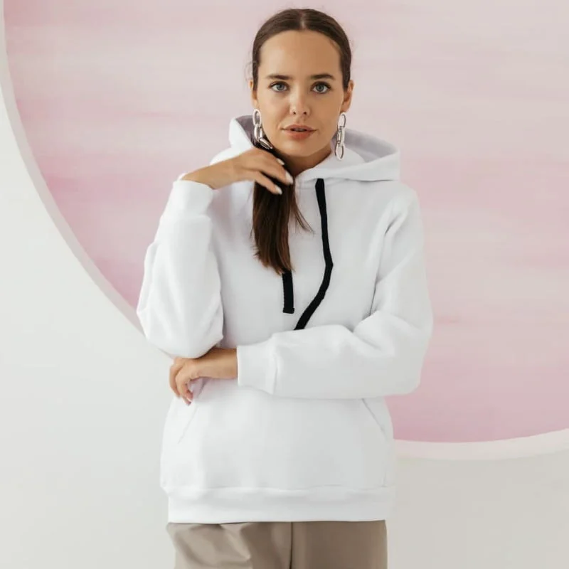 Худи белое флис 280 г с капюшоном, XS–3XL — образец материала