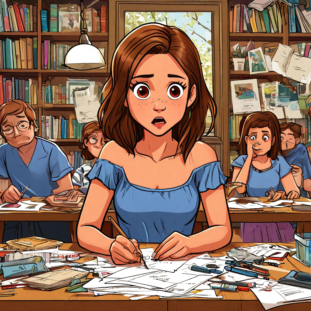 вся семья ночью сидит за столом, заваленным ватманами, клеем и книгами. Все зевают, но доделывают поделку.